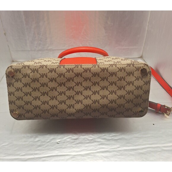 Michael Kors Khaki Monogrammed Coated Canvas/Red Leather Dome Satchel Crossbody - Picture 9 of 12